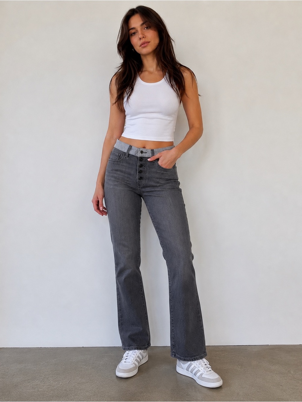 PAIGE Gray High-Rise Button-Fly Flare Jeans (MINOR FLAW)